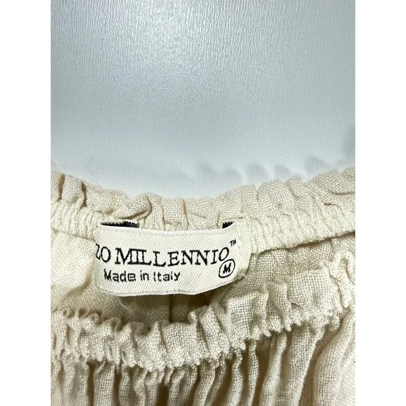 Terzo Millennio Italy Linen Peasant Blouse Beige Ruffle Hem Boho Top Womens M - Picture 2 of 6